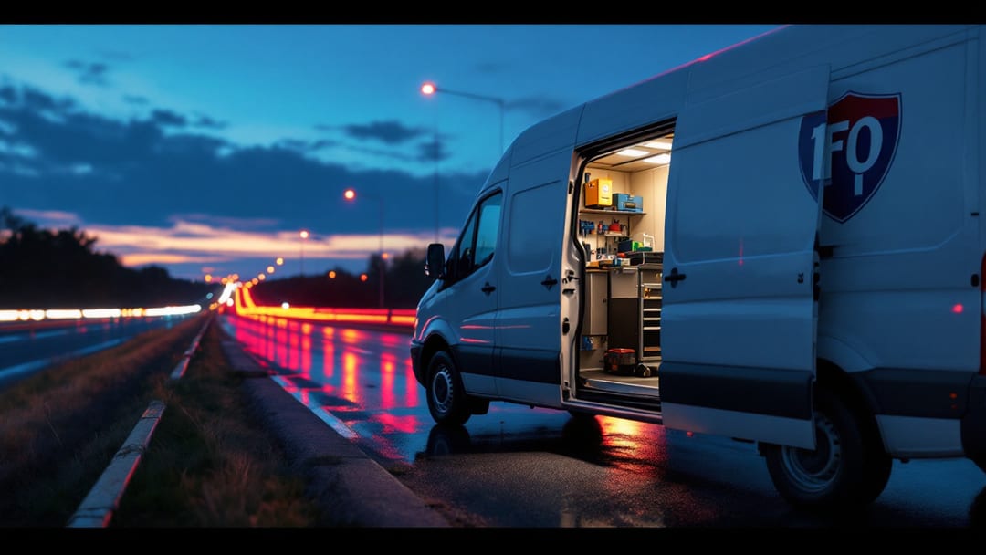 A mobile locksmith van on an Arlington frontage road beside the I-20 corridor at blue-hour dusk with taillights streaming past
