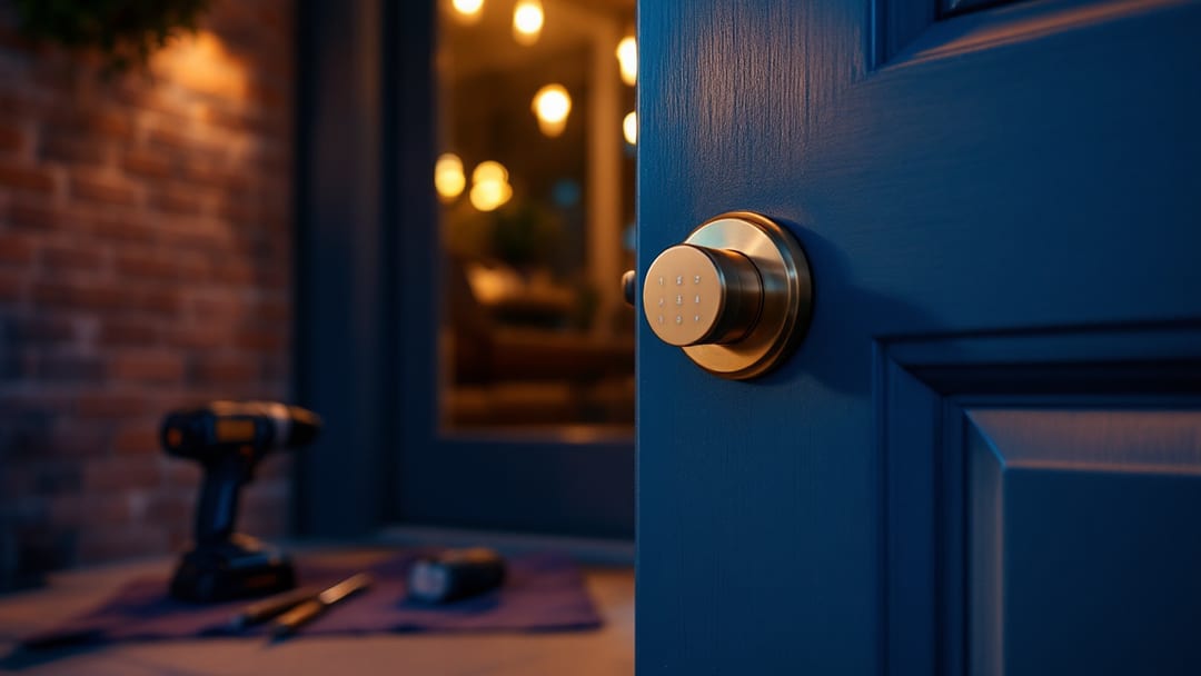 A Grade 1 deadbolt and a keypad smart lock laid out on an installer's cloth beside a front door in West Arlington at blue-hour dusk