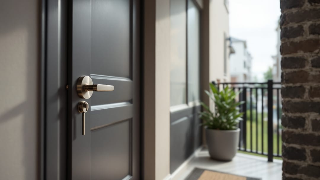An apartment breezeway door with a deadbolt and lever handle at a Downtown Arlington rental complex in soft overcast morning light, no people