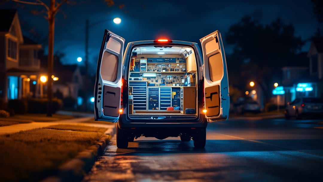 A mobile locksmith van parked under streetlights on an Arlington Texas street at night with the rear doors open showing an organized tool wall