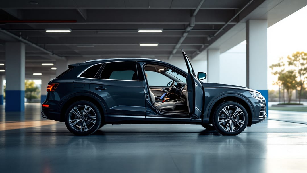 Dark grey Audi Q5 parked under a covered garage in Arlington Texas with a diagnostic laptop and Audi key blank on the passenger seat