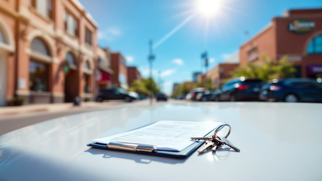 A marked mobile locksmith van in a Downtown Arlington parking lot at bright midday with a written estimate clipboard on the hood