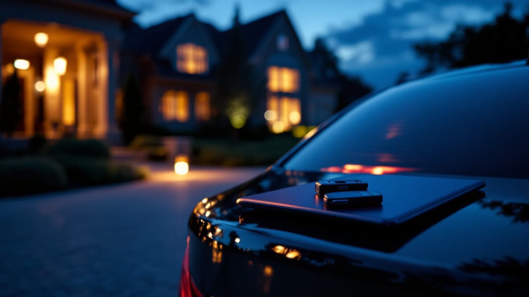 A black BMW sedan parked outside a modern building in the Viridian community of Arlington Texas at blue-hour dusk with a comfort-access key fob and diagnostic laptop on the trunk