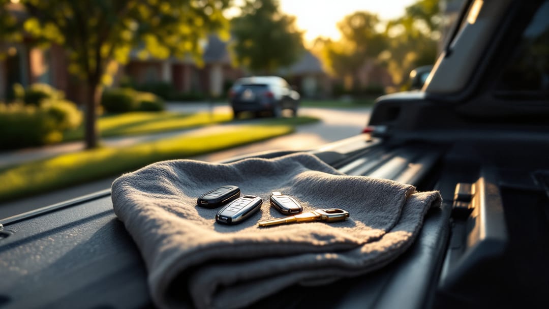 Matching spare key fobs and a cut emergency blade resting on a work cloth on a vehicle bed rail in an Arlington Texas neighborhood at golden hour