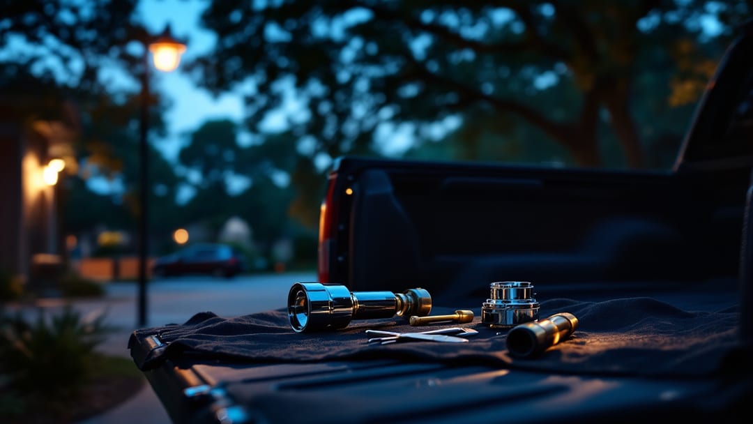 Ignition lock cylinder, brass tension tool and locksmith picks laid out on a dark work cloth on a vehicle tailgate in an Arlington Texas driveway at dusk