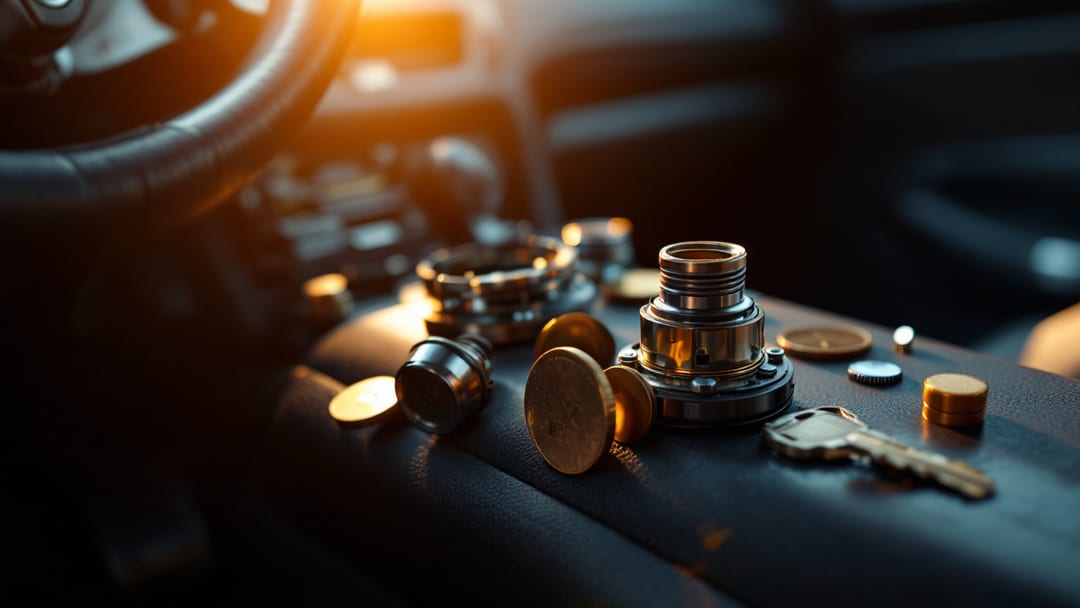 A disassembled ignition lock cylinder and worn car key resting on a steering column inside a sedan parked in an Arlington Texas driveway at golden hour