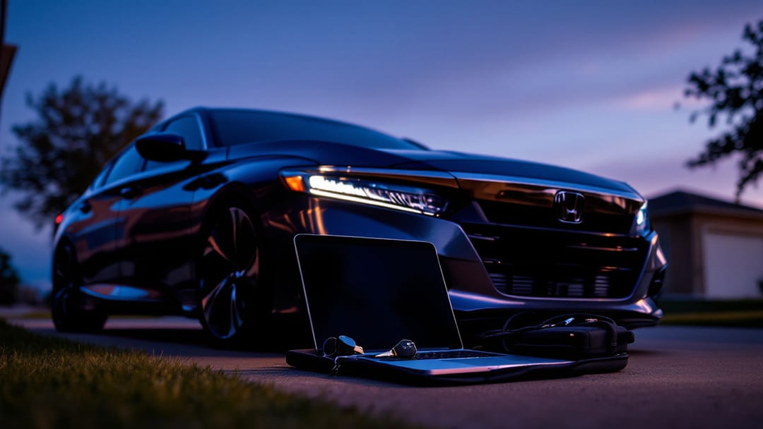 A locksmith's laptop and key-programming interface connected to a sedan's OBD port in an Arlington driveway at blue-hour dusk