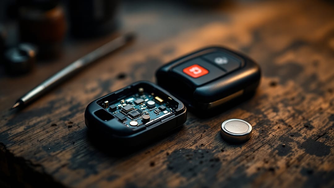 Opened car key fob on a workbench in Arlington Texas with a coin cell battery, small screwdriver and tweezers under warm task lighting