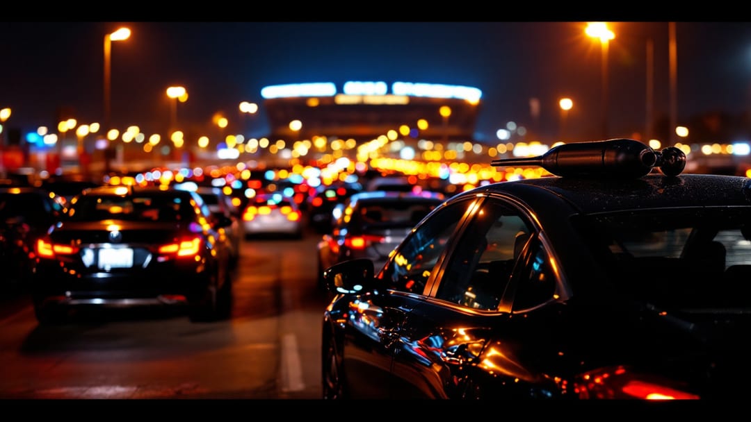 A dark sedan locked in a packed stadium parking lot near AT&T Stadium in Arlington at night under sodium lights