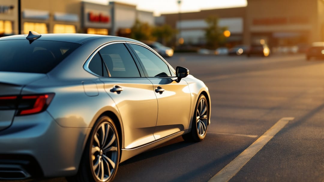 A sedan parked in a busy shopping mall lot near The Parks Mall in Arlington Texas at late afternoon with a mobile locksmith unlock tool at the driver door
