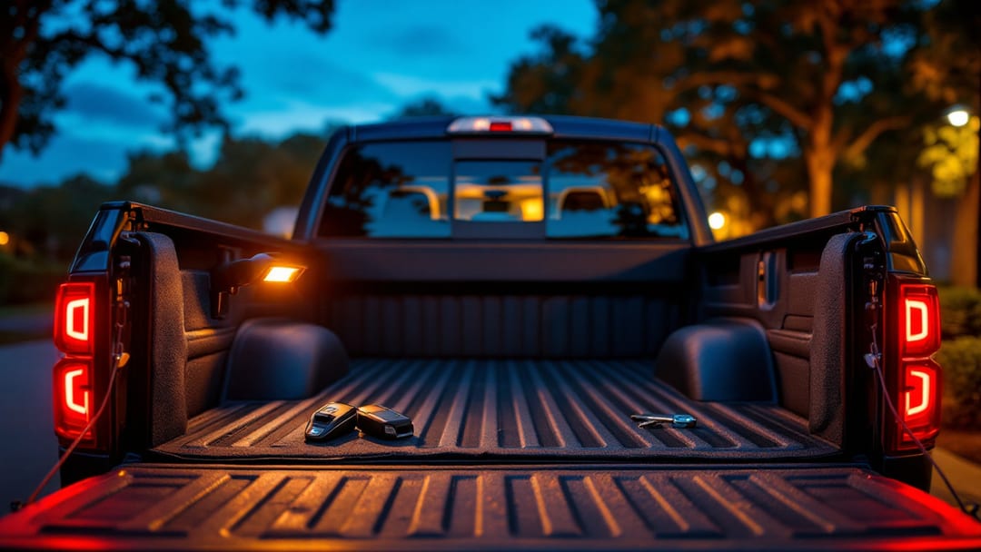 Two truck key fobs and a key-cutting gauge laid on the open tailgate of a mid-size pickup in an Arlington Texas driveway at dusk
