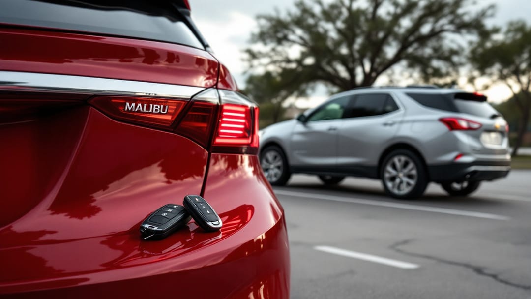 Red Chevrolet Malibu and a silver Chevrolet Equinox parked in an Arlington Texas lot on an overcast morning with a smart fob and key programmer on the trunk
