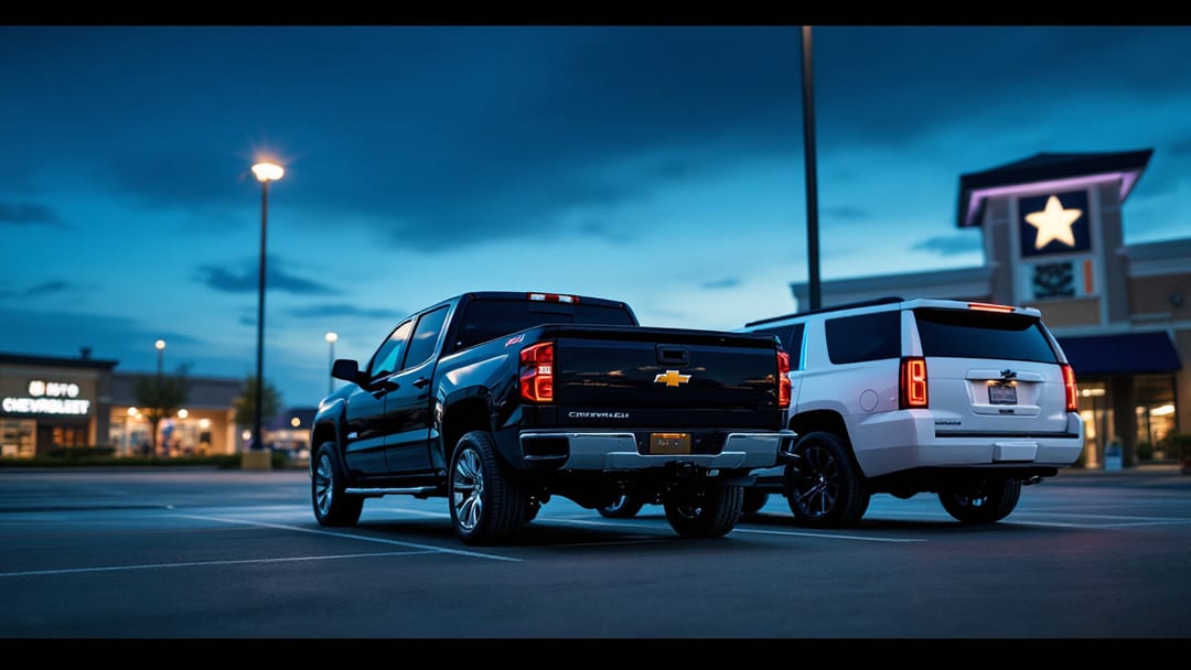 Black Chevrolet Silverado and a Tahoe parked near an Arlington shopping center at blue-hour dusk with a key programmer and proximity fob on the console
