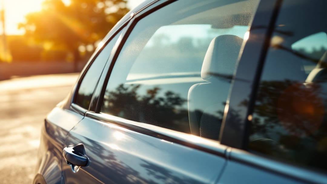 Empty child car seat visible through a closed car window in a sunlit Arlington Texas parking lot with heat shimmer rising from the asphalt