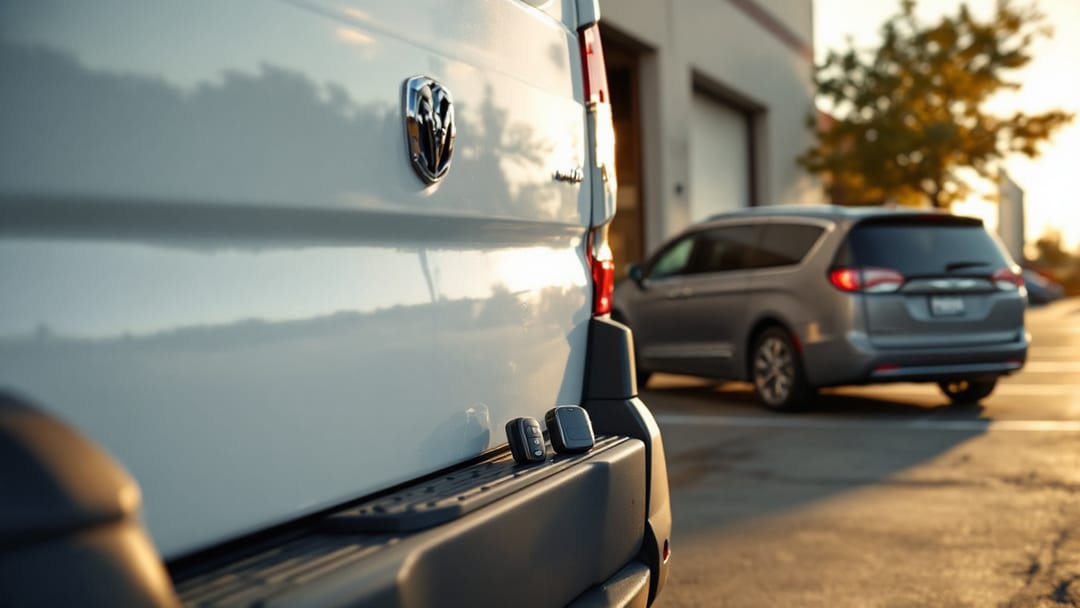 White RAM ProMaster cargo van and a gray Chrysler Pacifica minivan parked outside an Arlington Texas warehouse at late afternoon with a proximity fob on the bumper