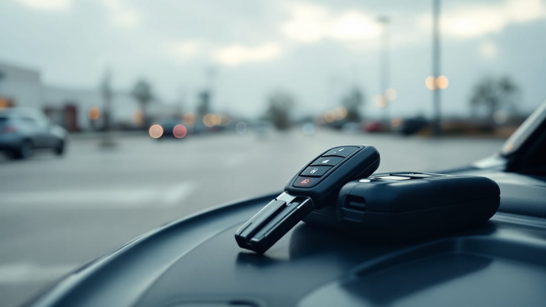 A car key fob and a mobile locksmith key-cutting machine on the tailgate of an SUV in an Arlington Texas parking lot on an overcast morning