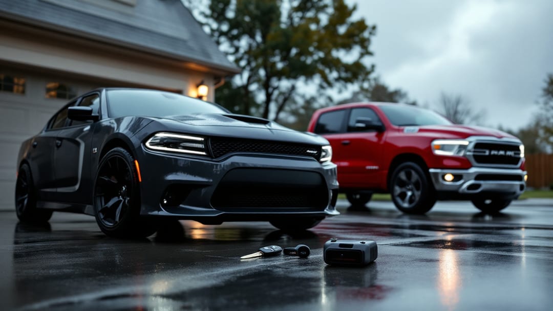 Dodge Charger and RAM 1500 parked in an Arlington Texas driveway on an overcast morning with a smart key fob and OBD programmer on the hood