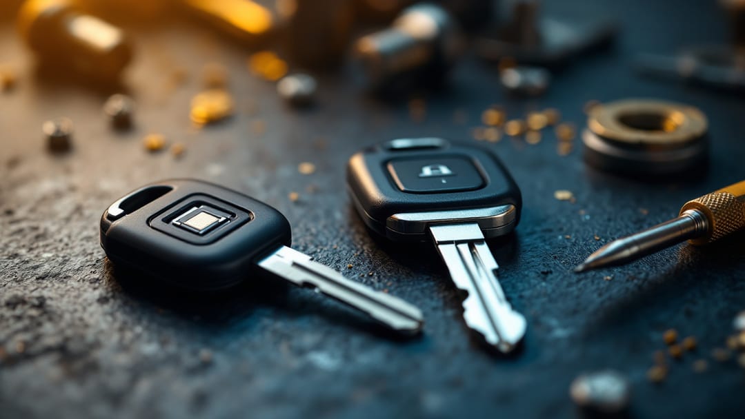 Close view of a transponder car key with its plastic head opened beside a plain metal key on a workbench in Arlington Texas