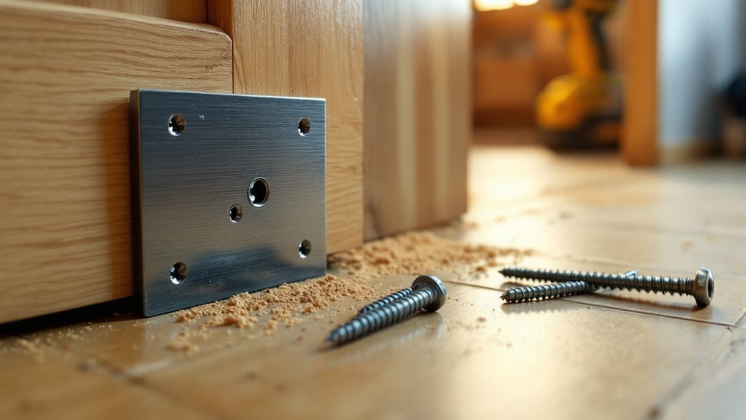 Reinforced steel strike plate installed on a wooden door jamb in an Arlington Texas home with three-inch screws and a drill beside it