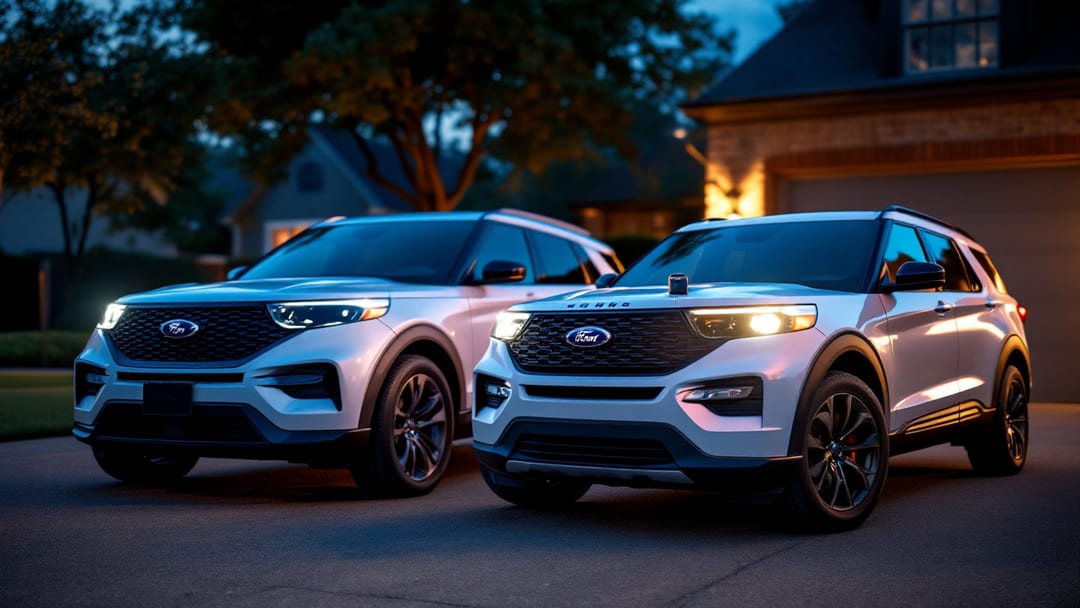 White Ford Explorer SUV and a Ford Mustang parked side by side in an Arlington Texas driveway at blue hour with a smart key fob on the hood
