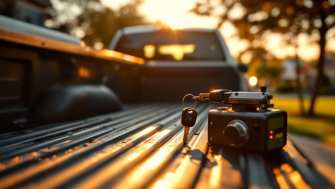 Silver Ford F-150 pickup in an Arlington Texas driveway at golden hour with a key-cutting machine and a cut transponder key on the tailgate