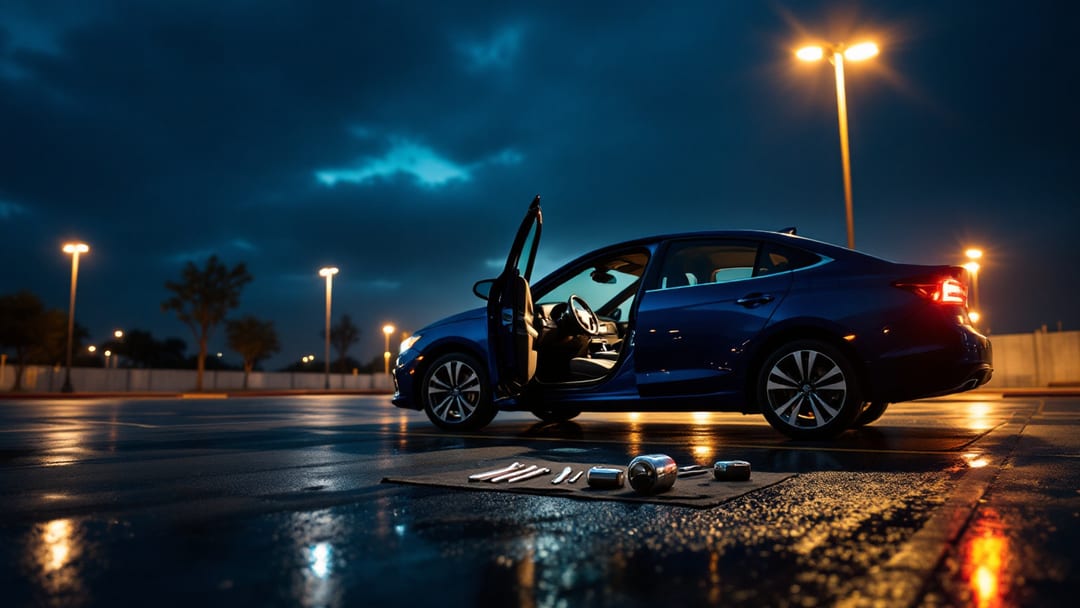 Removed ignition lock cylinder and a set of small extraction tools laid on a dark cloth on the door sill of a sedan in an Arlington Texas parking lot at night