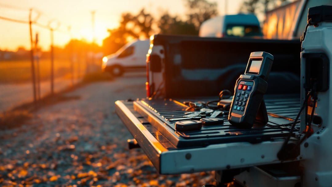 White Ford Super Duty pickup and a white Ford Transit cargo van at an Arlington Texas contractor yard at sunrise with key blanks and a programmer on the tailgate