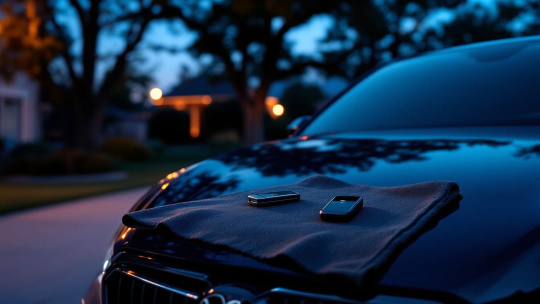 A luxury smart key fob and programming interface on a dark microfiber cloth on the hood of a sedan in an Arlington Texas driveway at dusk