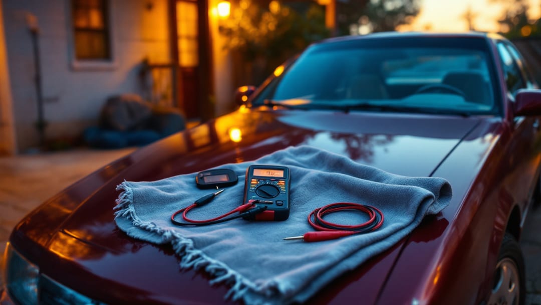 Vintage 1990s GM sedan in an Arlington Texas driveway with a VATS resistor key and multimeter probes on a work cloth