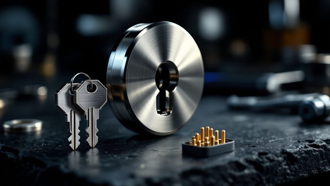 High-security deadbolt cylinder and restricted key blanks arranged on a dark workbench under focused lighting in an Arlington Texas locksmith shop