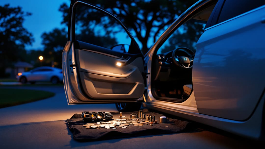 Disassembled ignition lock cylinder, wafer springs and a locksmith pick set on a dark work mat beside a compact sedan steering column in an Arlington Texas driveway at dusk