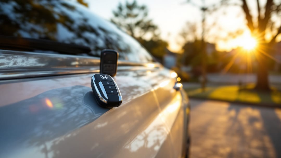 A silver Honda CR-V parked in a driveway near Downtown Arlington Texas at golden hour with a smart key fob and locksmith programmer on the front seat