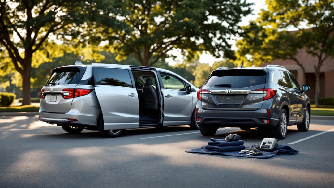 Silver Honda Odyssey minivan with side door open in an Arlington Texas school parking lot beside a key cutting machine and two fobs