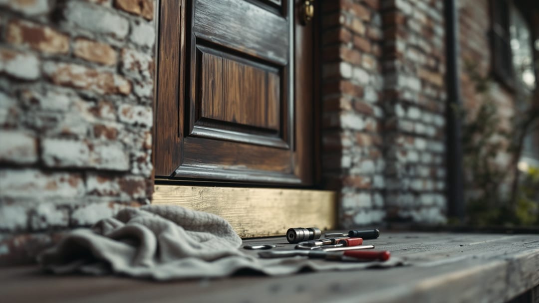 A locksmith's pick tools resting beside a residential front-door deadbolt on a brick Arlington home porch at overcast morning light