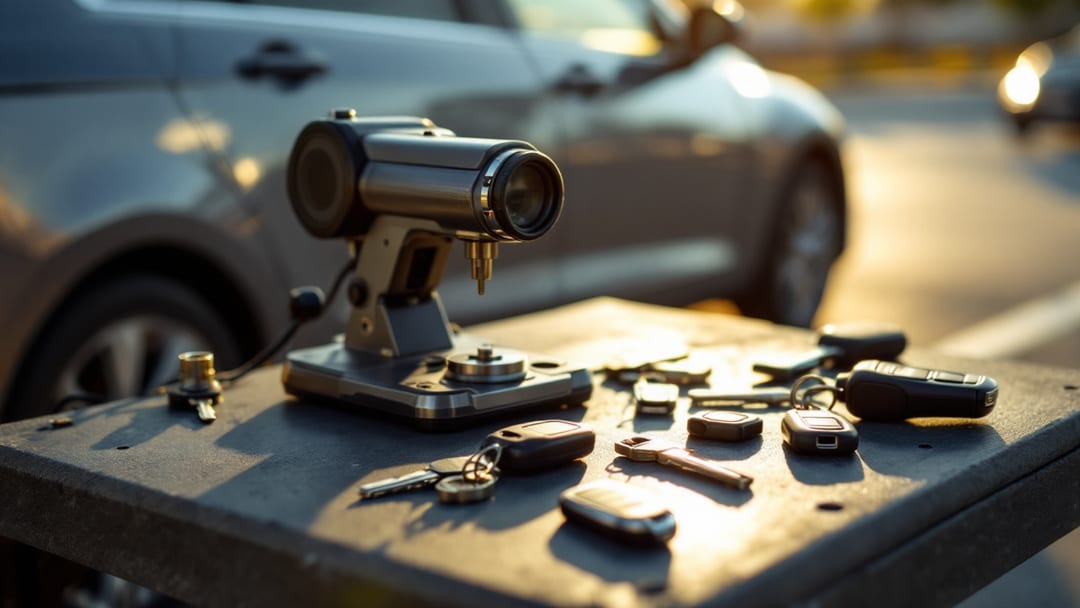 Locksmith key-cutting machine and freshly cut transponder car keys on a mobile workbench beside a sedan in an Arlington Texas parking lot
