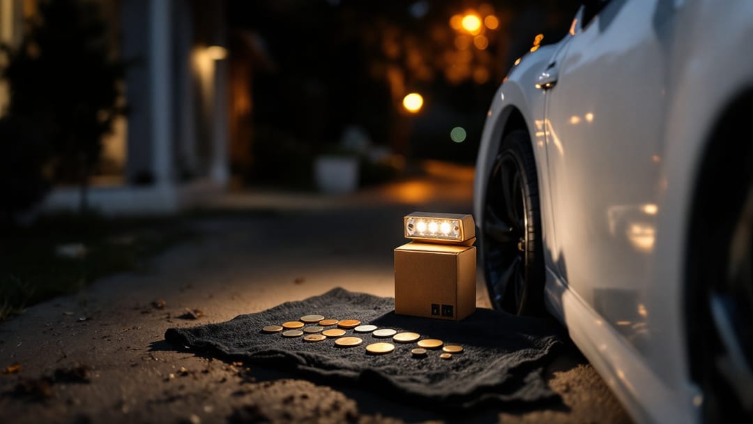 Worn brass ignition wafers and a replacement lock cylinder laid on a dark cloth beside a compact sedan door sill in an Arlington Texas driveway at night