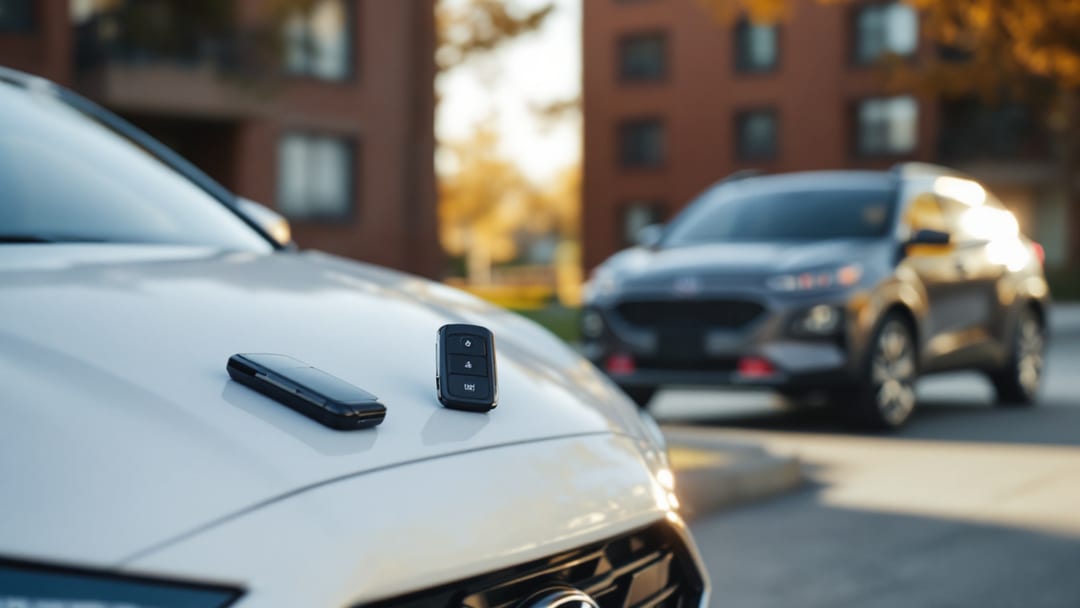 White Hyundai sedan and a grey Kia SUV parked in an Arlington Texas apartment lot at early morning with a smart key fob and steering wheel lock on the hood