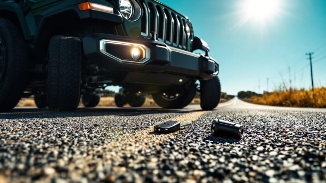 A dark green Jeep Wrangler parked on a rural road near Mansfield Texas at bright midday with a locksmith ignition cylinder and FOBIK key on the front bumper