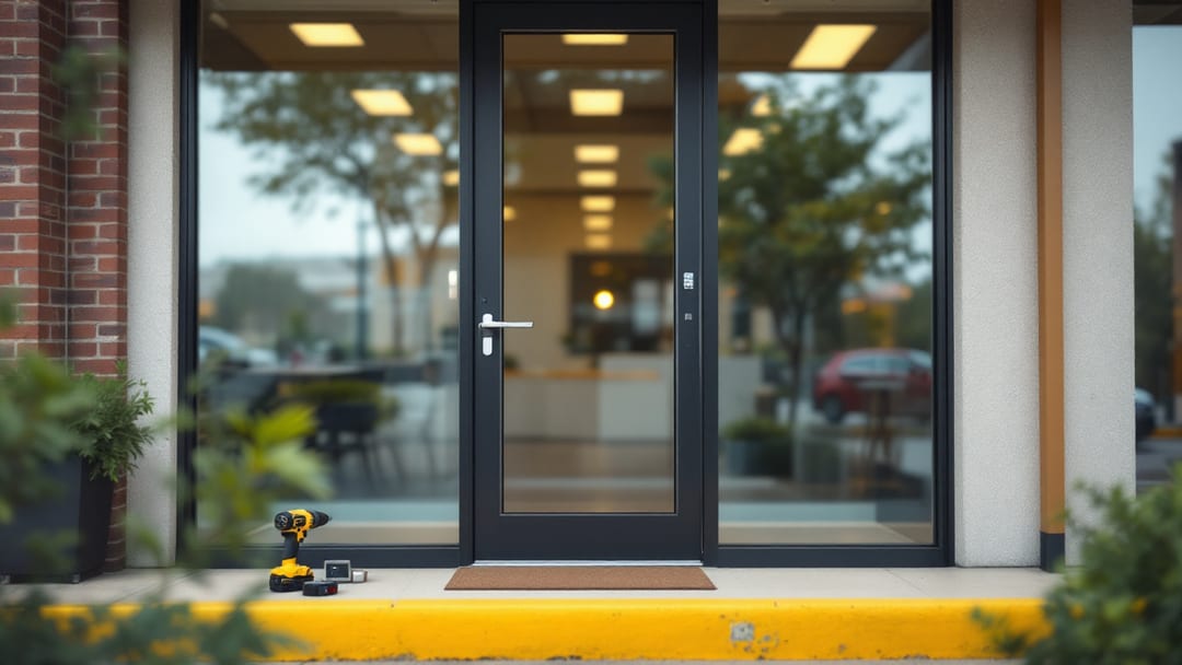 A commercial glass storefront door fitted with an electronic keypad lock along a Highway 360 business corridor in Arlington at overcast morning light