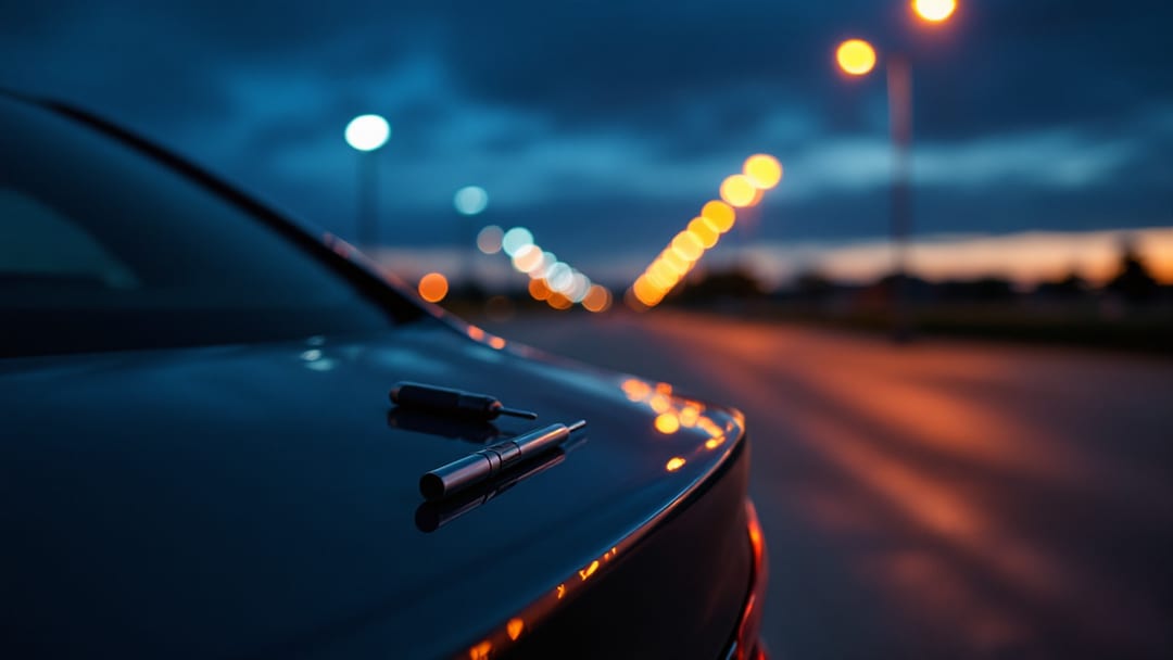 Closed sedan trunk lid in an Arlington Texas parking lot at dusk with locksmith tools resting on the bumper under overhead lot lighting