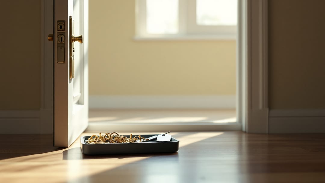 Locksmith rekeying a deadbolt on an empty rental unit door in Arlington Texas with pinning kit and labeled key tags on the floor