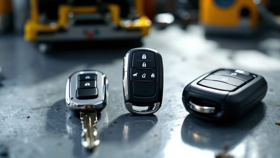 Three car key types — a laser-cut sidewinder blade, a transponder key, and a push-to-start smart fob — laid on a workbench in bright midday light in Arlington