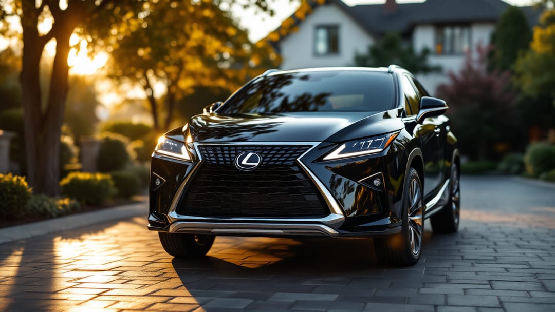 A black Lexus RX parked outside a suburban Arlington Texas home in late afternoon light with a Lexus smart proximity fob and locksmith programmer on the hood