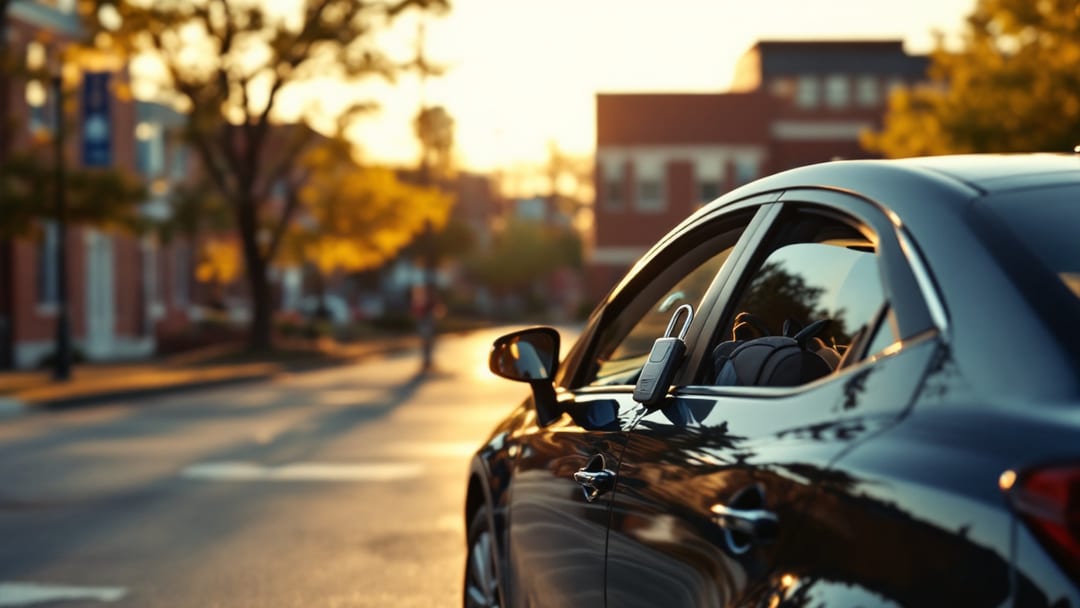 A student's compact car and keys locked inside on a UTA-area parking lot in Arlington under late-afternoon golden light with campus buildings behind