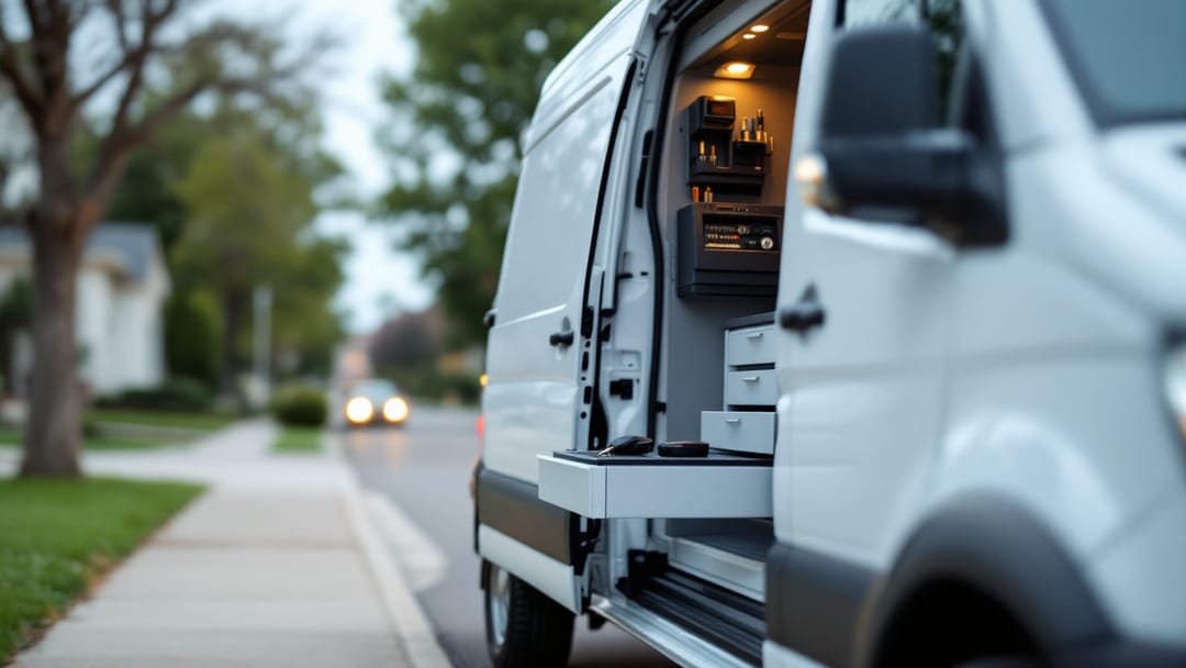 Mobile locksmith service van with its side door open showing key-cutting equipment, parked on a residential Arlington Texas street