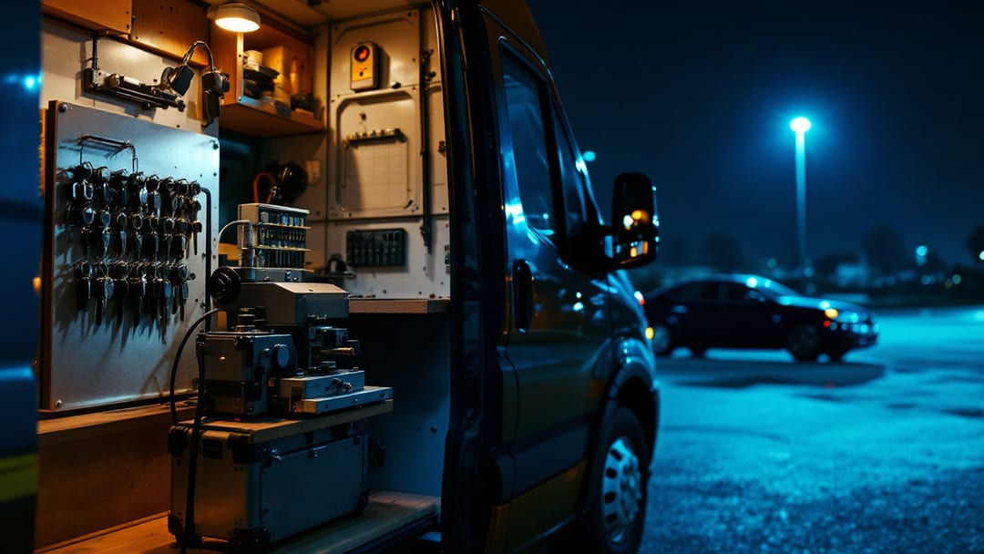 A mobile locksmith key-cutting machine and blank keys inside a service van with the side door open in an Arlington Texas parking lot at night
