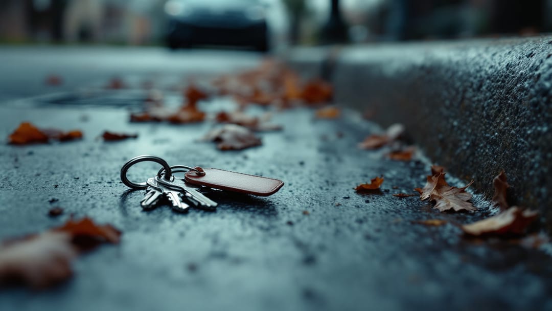 House key ring with a blank tag lying on wet pavement beside a curb in an Arlington Texas neighborhood in early evening light