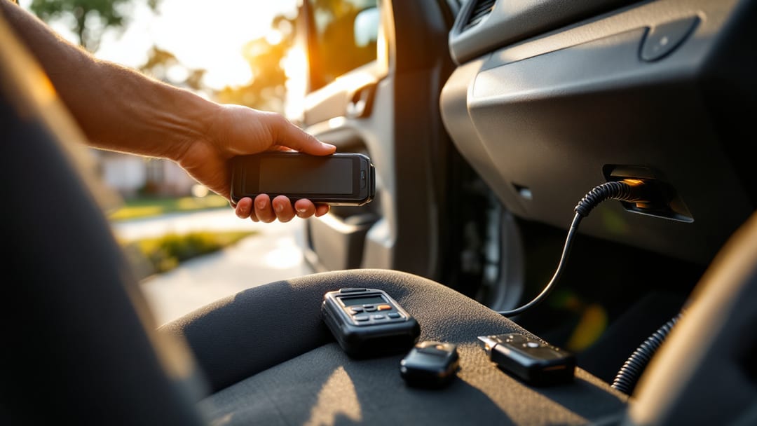 Technician holding a diagnostic programmer with its cable plugged into the OBD port under a compact SUV dashboard, key fobs on the seat, in an Arlington Texas driveway