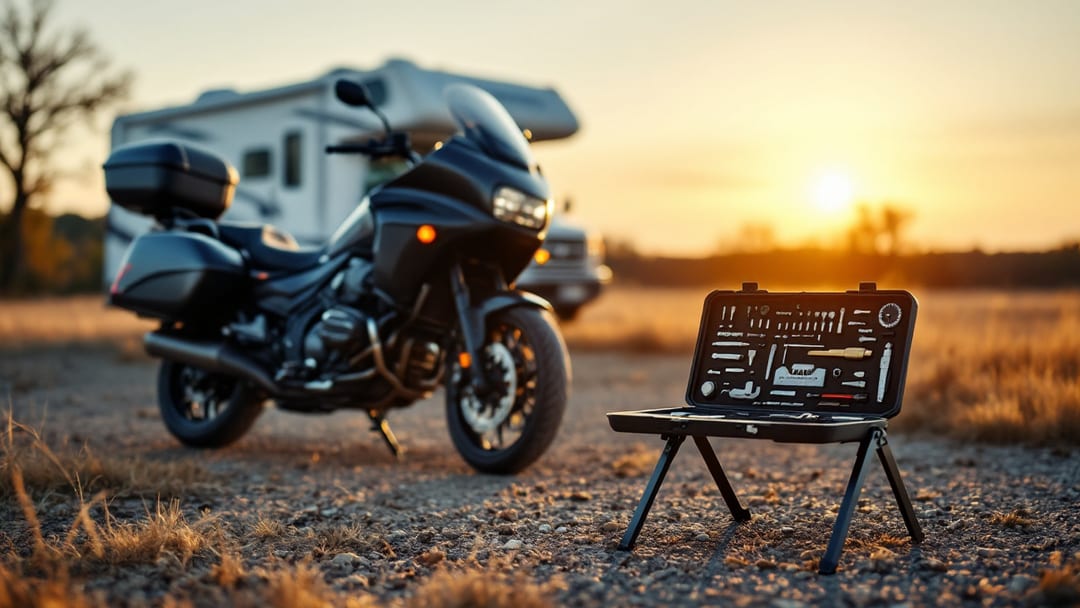 Touring motorcycle and a Class C RV parked on a gravel lot in North Texas at golden hour with key blanks and locksmith tools on a work case