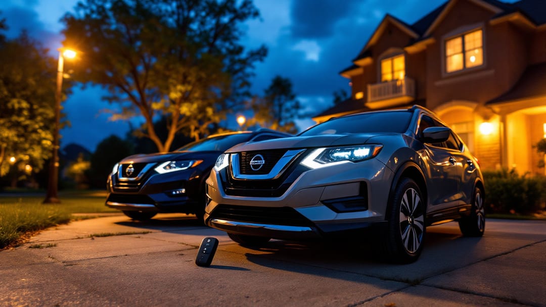 Gunmetal Nissan Rogue and a white Nissan Altima parked in an Arlington Texas driveway at dusk with an Intelligent Key fob and diagnostic programmer on the hood